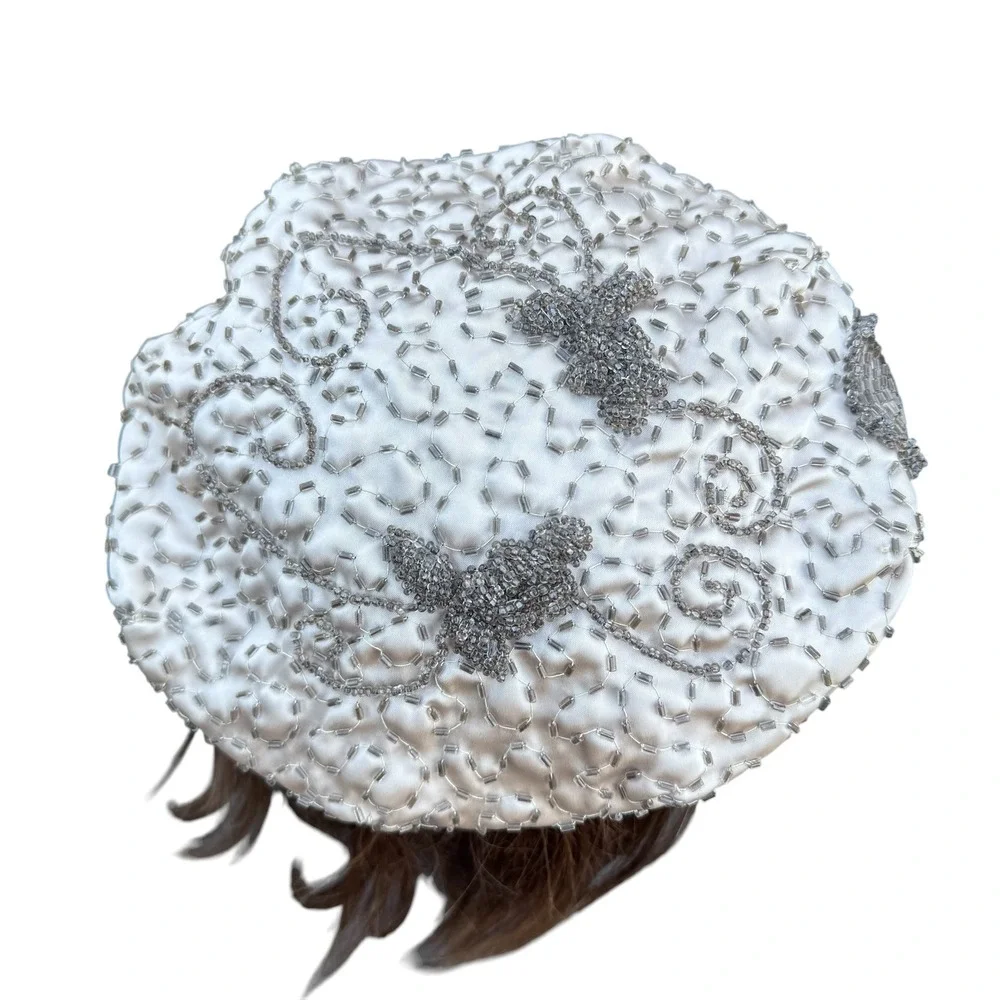 Vintage Hand‎ Beaded Satin Beret Pillbox Hat Champagne Silver Rhinestone
